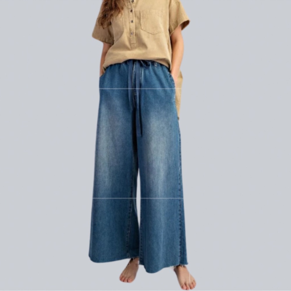 NEW IN WASHED DENIM WIDE LEG DRAW STRING JEANS PANTS
